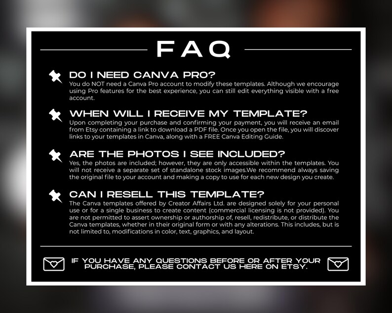 K&ouml;nnte beinhalten: Ein schwarz-wei&szlig;es FAQ-Dokument mit Text, der h&auml;ufige Fragen zu Canva-Vorlagen beantwortet. Das Dokument enth&auml;lt Fragen zu Canva Pro, der Vorlagenlieferung, enthaltenen Fotos und dem Weiterverkauf der Vorlagen. Das Dokument ist mit einem wei&szlig;en Rahmen versehen.