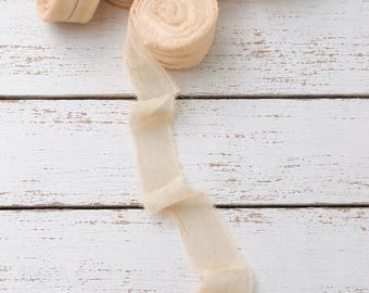 Champagne Chiffon Silk Ribbon – Soft Sheer Fabric, Frayed Edge, Hand Torn, Wedding & Craft Ribbon
