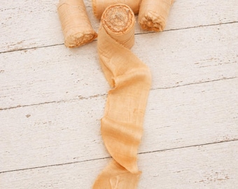 Soft Apricot Sari Silk Ribbon, Indian Recycled Fabric Trim, Frayed Edge Textile Strip for Sewing, Gift Wrapping & Fibre Art