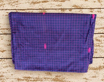 Vintage Sari Silk Remnant, Indigo Blue Pink Grid Textile, Stitched Edges, Recycled Indian Fabric