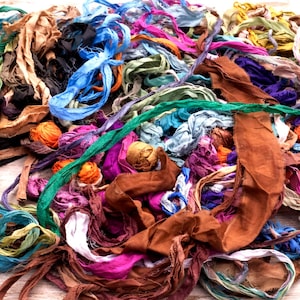 Recycled Sari Silk Ribbon Offcuts | Mixed Color Silk Ribbon Scraps | Sari Ribbon Remnants for Crafts, Junk Journals, Textile Art