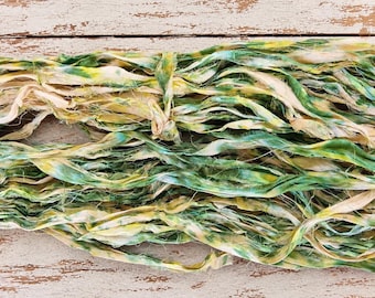 Green Tie Dye Sari Silk Ribbon, Recycled Indian Silk Fabric, 1.5 Inch Frayed Edge Trim