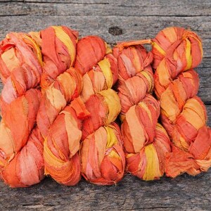 Sunset Mango Sari Silk Ribbon 50g ~20–25m | Orange Yellow Recycled Silk Ribbon Yarn | Boho Fibre for Weaving, Junk Journal, Embroidery