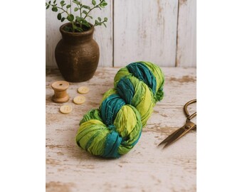 Green Shades  Recycled Sari Silk Ribbon | 50g Sari Ribbon Strips, Recycled Silk Ribbon Bundles for Crafts, Bracelet Making, Fiber Art