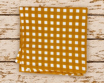 Golden Mustard Gingham Fabric with White Checks, Cotton Textile by the Yard