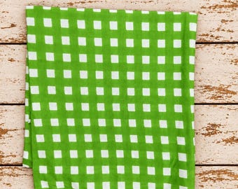 Vivid Green Gingham Fabric with White Checks, Cotton Textile by the Yard
