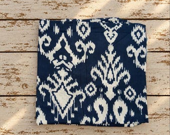 Indigo Ikat Cotton Fabric, Navy Blue and Cream Ethnic Print, Hand Screen Printed Fabric by the Yard, Indian Textile for Sewing