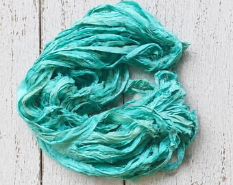 Sea Glass Recycled Sari Silk Ribbon Yarn, Aqua Green Ribbon for Weaving, Crochet Fiber, Textile Art Supply, Slow Stitch Material