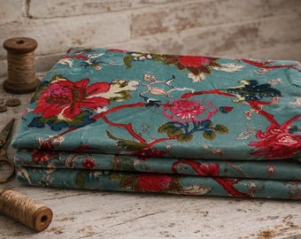 Duck Egg Blue Floral Cotton Velvet by the Yard, Maximalist Botanical Upholstery Fabric, Pink Flower Velvet for Curtains Cushions, Home Decor