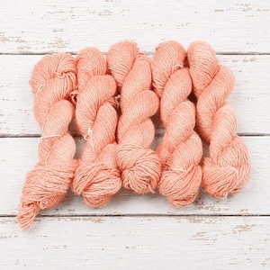 May include: Five individual hanks of peach-coloured yarn arranged side by side. Each hank is twisted into a classic skein shape, showcasing a consistent soft orange hue and a textured, fibrous appearance typical of spun textile fibre for crafting.