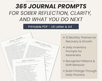 May include: A digital download titled "The Sober Alchemist" with 365 journal prompts for reflection and clarity. The image shows journal pages with prompts for January, February, and March, along with bullet points highlighting key features.