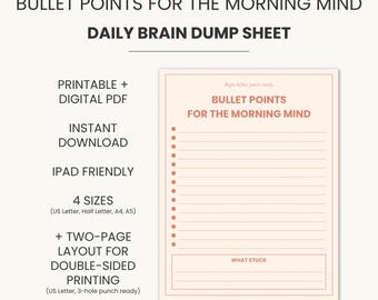 Morning Mind Brain Dump Journal: Minimalist Mental Clarity Worksheet (PDF Printable, 5 Sizes)