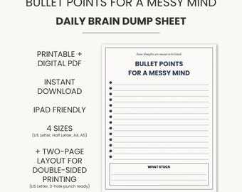 Brain Dump Journal PDF: Minimalist Mental Clarity Worksheet (5 Sizes Included)