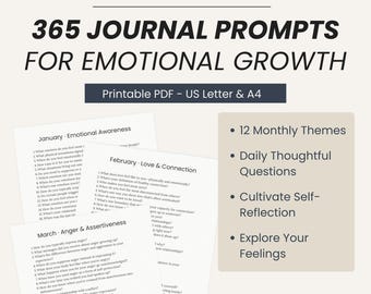May include: A printable PDF journal with prompts for emotional growth. The cover reads "The Emotional Reset" and "365 Journal Prompts for Emotional Growth." Includes 12 monthly themes, daily questions, and prompts to cultivate self-reflection and explore feelings.