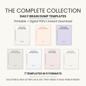 May include: A collection of seven printable daily brain dump templates in various pastel colors. Each template features bullet points and the text "What's Stuck". The templates are available in US Letter, A4, and A5 sizes, and are two-sided and 3-hole punch ready.