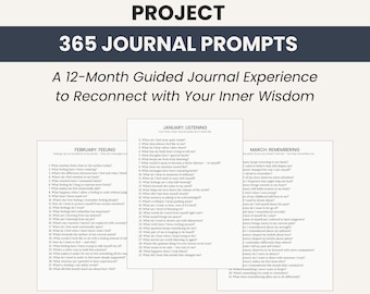 May include: A digital download featuring a journal project with the title "The Inner Voice Project" and the text "365 Journal Prompts." The image includes prompts for January, February, and March, with the text "Printable PDF - Start Anytime."