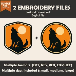 Puede incluir: Archivos de bordado digital con la silueta de un lobo aullando frente a una luna llena, sobre un fondo naranja. El texto dice "BUNDLE DEAL" y "2 EMBROIDERY FILES". Disponibles en múltiples formatos y tamaños.