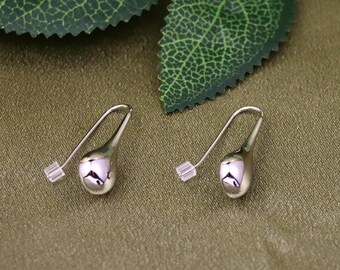 S925 Sterling Silver Solid Classic Puffed Teardrop Hook Dangle Earrings Women