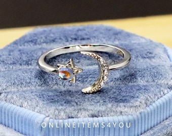 S925 Sterling Silver Fashionable Diamond - Inlaid Moon and Moonstone Star - Shaped Open Adjustable Ring for Women