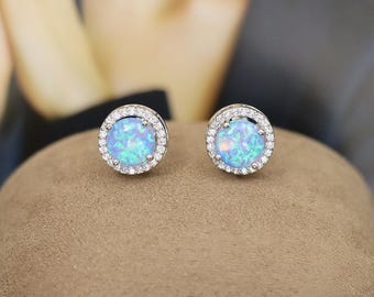 8mm Round Opal Earrings with Zircon Accents
