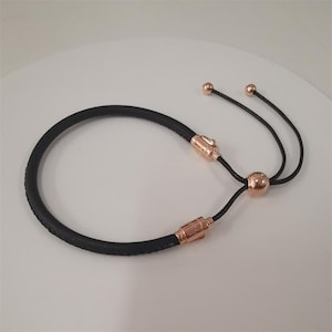 Pandora Black Leather and Rose Gold Slider Bracelet
