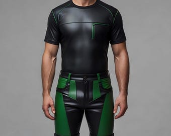 Mens Black & Green Leather Outfit | Handmade Festival Streetwear