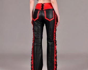 Women’s Gothic Lace-Up Trousers, Handmade Black Red Biker Bottoms, Punk Rivet Streetwear, Cyberpunk Outfit