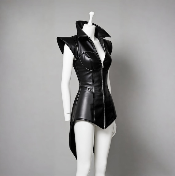 chinese dress ladies Punk Shiny PU Leather Layered Dress with Ruffled Lace