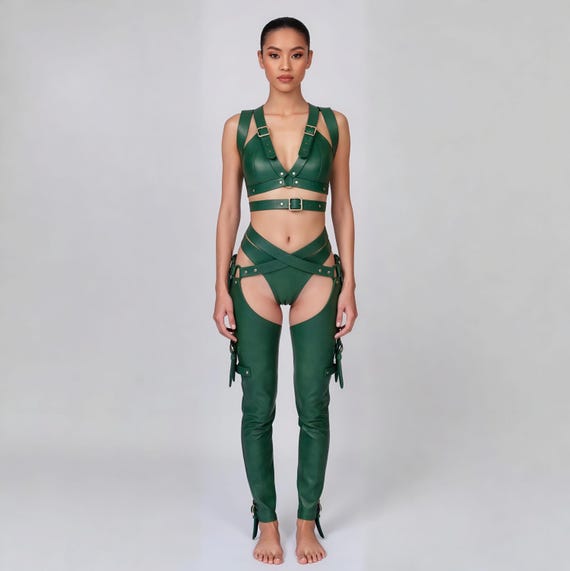Handmade Olive Green Leather Lingerie Set, Strappy Bodysuit