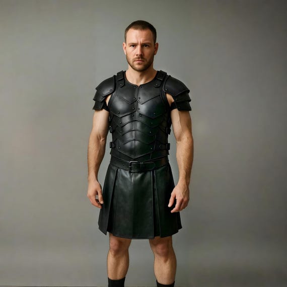 Handmade Black Leather Gladiator Armor: Medieval LARP Costume