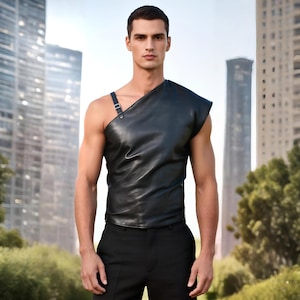 Handmade Genuine Leather One Shoulder Crop Top for Men | Asymmetrical Buckle Strap Shirt | Gothic Festival Ravewear | Punk Clubwear