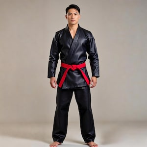 May include: A black martial arts uniform with a red belt. The uniform includes a jacket and pants. The person is standing in front of a neutral background.