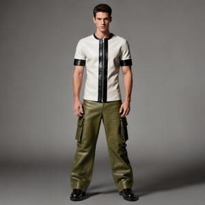 May include: A white leather shirt with black detailing and a full zip, worn with olive green leather cargo trousers. The outfit is completed with black leather shoes. The model is standing against a grey backdrop.