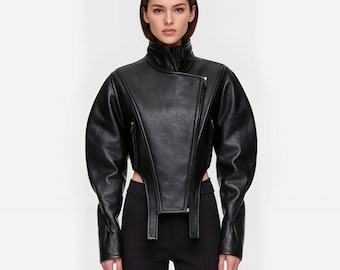 Handcrafted Black Techwear Leather Jacket for Women, Futuristic Fashion, Structured Minimal Outerwear