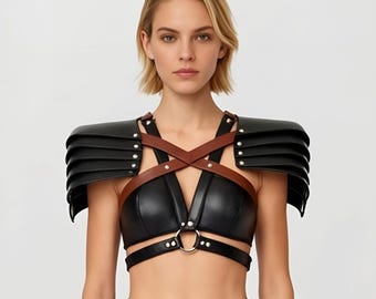 Handmade Leather Warrior Shoulder Armor Harness: Gothic Festival Costume