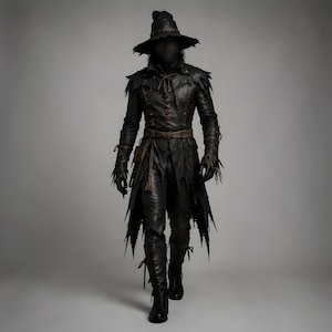 Puede incluir: Un disfraz de cuero oscuro y desgastado que presenta un abrigo largo y harapiento con detalles de cordones, pantalones a juego y un sombrero de ala ancha y punta. El conjunto incluye guantes de cuero, un cinturón de cuerda y botas altas.