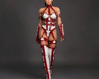 Full Body Leather Bondage Harness Set, Red and White Festival Lingerie Restraints with Leg Guards