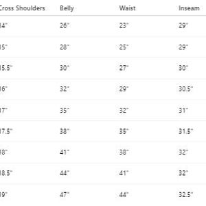 May include: A white size chart with black text detailing measurements for bust, cross shoulders, belly, waist, inseam, hips, and thighs. Sizes range from XXS to 4XL, with measurements in inches.
