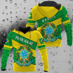 Brazil Flag 3D Hoodie – Custom Name Sash & Coat of Arms | Unisex All-Over Print Pullover