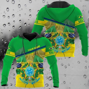 Brazil Flag 3D Hoodie – Custom Name Chest, Coat of Arms All-Over Print | Unisex Pullover Fan Gift