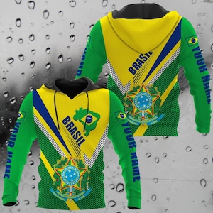 Brasil 3D Flag Hoodie – Custom Name Sleeves, Map & Coat of Arms | Unisex All-Over Print Pullover