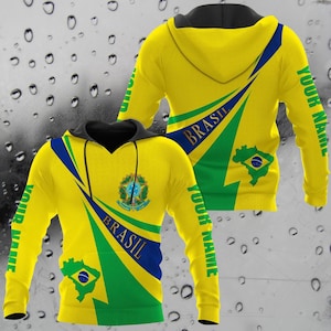 Brazil Flag 3D Hoodie – Custom Name, Brasil Map & Coat of Arms | Unisex Pullover Fan Gift