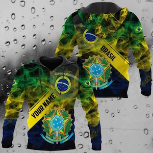 Brazil Flag 3D Hoodie – Custom Name Sash, Smoke Effect & Coat of Arms | Unisex All-Over Print Pullover