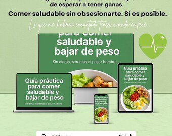 May include: An advertisement for a healthy eating guide. The image features a laptop, tablet, and smartphone displaying the guide's cover, along with a bowl of salad. Text includes "Guía práctica para comer saludable y bajar de peso" and "FitDecero".