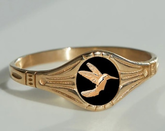 Gold Siegelring Kolibri, Vogel Emaille Schmuck, Natur inspiriert Geschenk