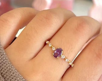 Dainty Oval Amethyst Ring Gold Plated 925 Silver, February Birthstone Delicate Stacking Ring with CZ, Minimalist Promise Ring Gift for Her