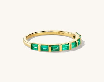 Emerald Baguette 925 Sterling Silver Ring, Gold Band, May Birthstone