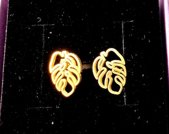 Gold Tone Monstera Leaf Stud Earrings • Tropical Aroid Jewelry