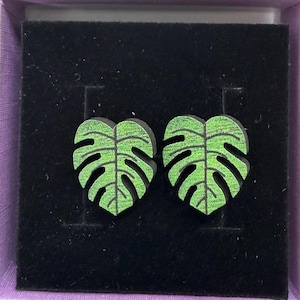 Wooden Monstera Leaf Stud Earrings •  Plant Lover Jewelry • Lightweight Wood Earrings • Two Backing Sets Included •