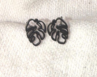 Black Monstera Leaf Stud Earrings • Minimalist Aroid Jewelry